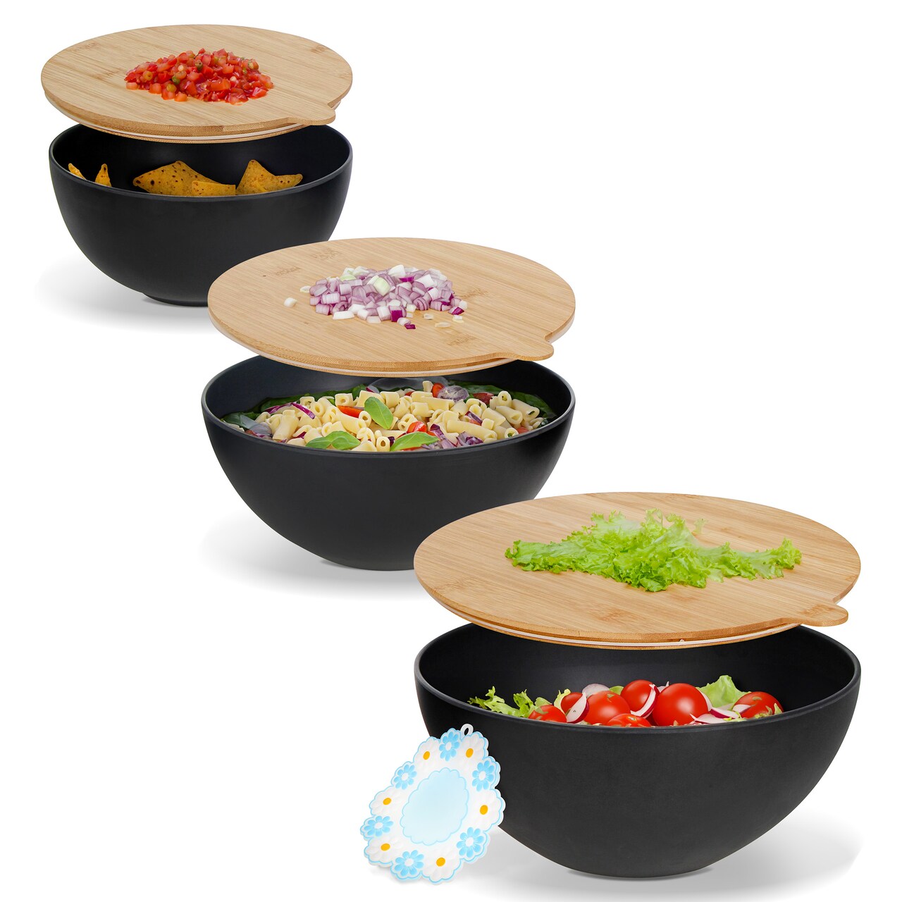 7Penn Mixing Bowls with Lids - 3pc Prep Bowls with Bamboo Cutting Board Lids